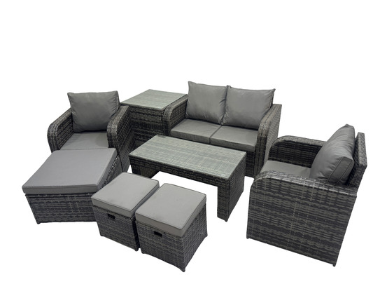 7 places ensemble de meubles de jardin en polyrotin avec table basse rectangulaire canapé d'amour table d'appoint 3 tabourets