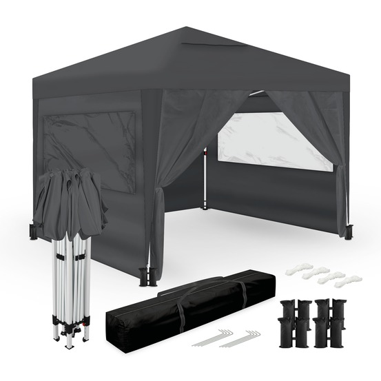 Tente pliante 3x3m – 4 parois latérales – 4 sacs de sable, sardines et câbles de fixation – sac de transport – pergola gris en nylon