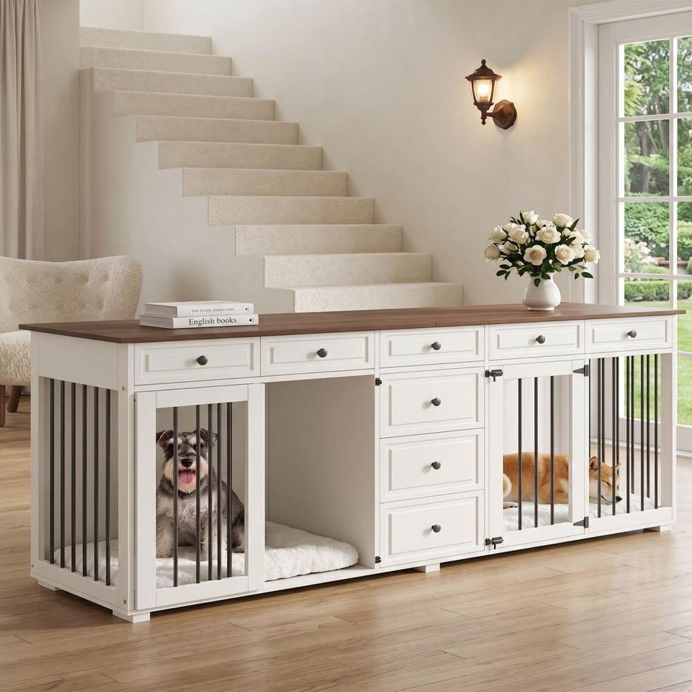 Meuble cage chien double bois métal 200 x 60 x 85 cm niche intérieure 8 tiroirs