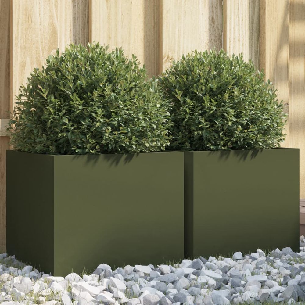 Ensemble 2 petits pots de fleurs acier laminé à froid durable pour décoration balcon vert olive 32x30x29cm