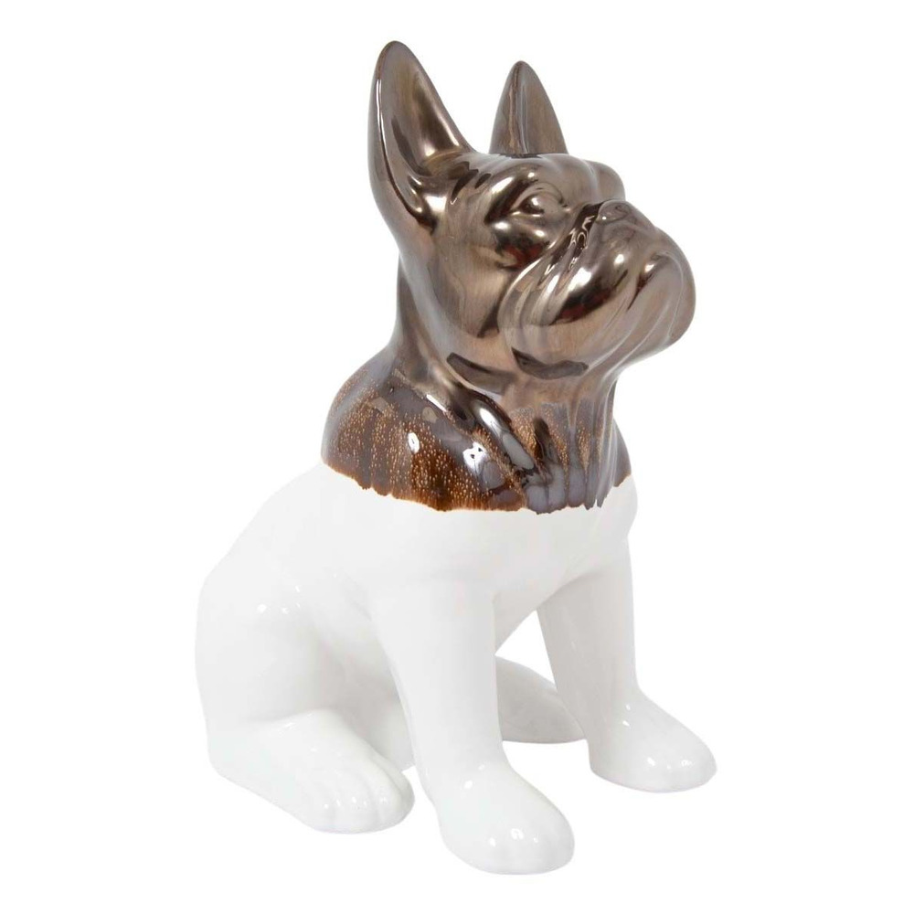 Statuette chien bouledogue en céramique zoya blanc et or