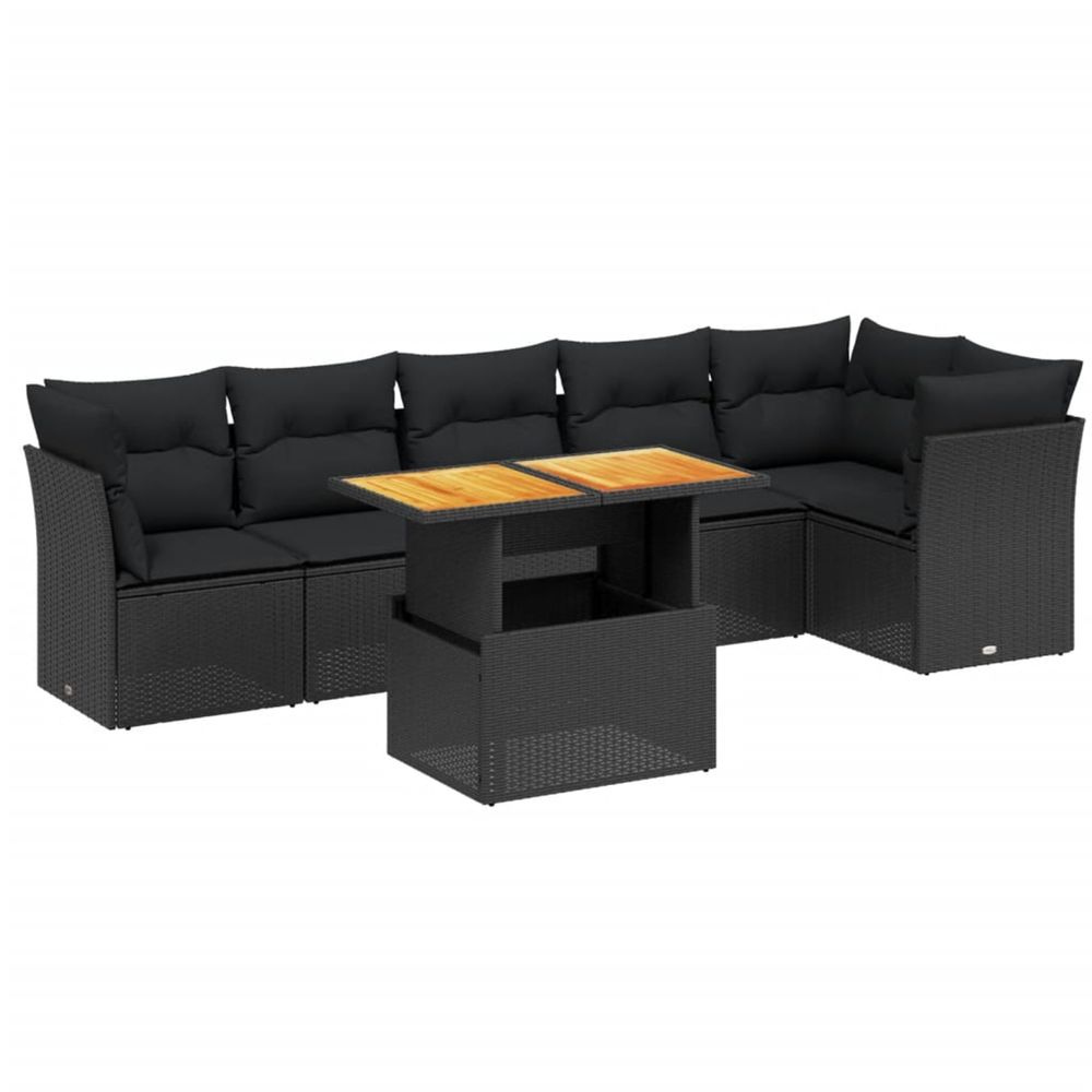 Salon de jardin 7 pcs avec coussins noir résine tressée