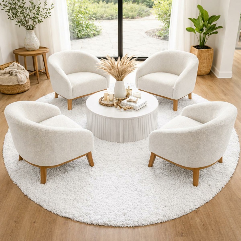 Tapis poils longs shaggy ø80cm rond tissé crème motif uni uni l