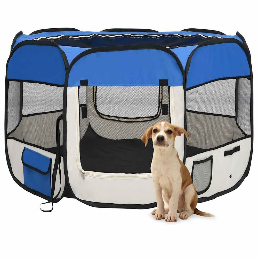 Parc pour chien pliable en tissu avec sac de transport pour voyage et maison bleu