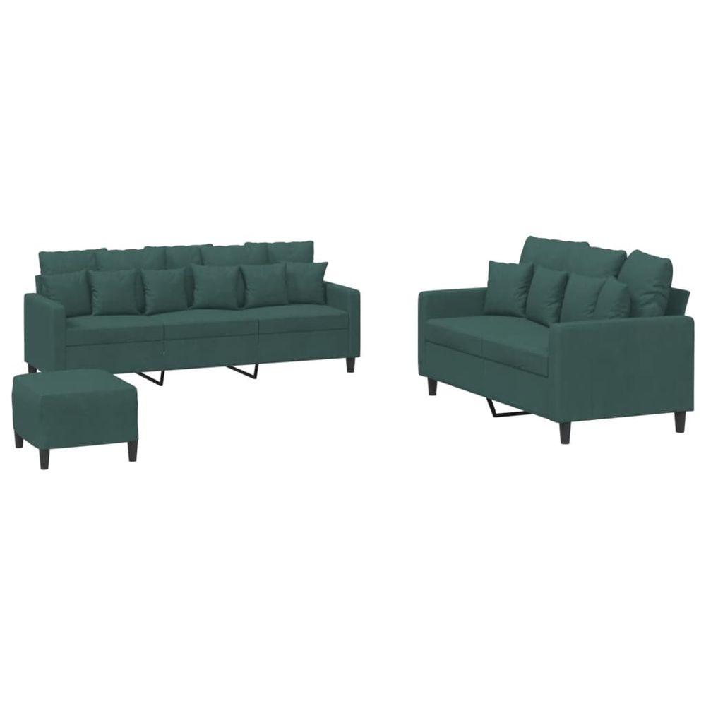 Ensemble de canapés 3 pcs avec coussins vert foncé velours