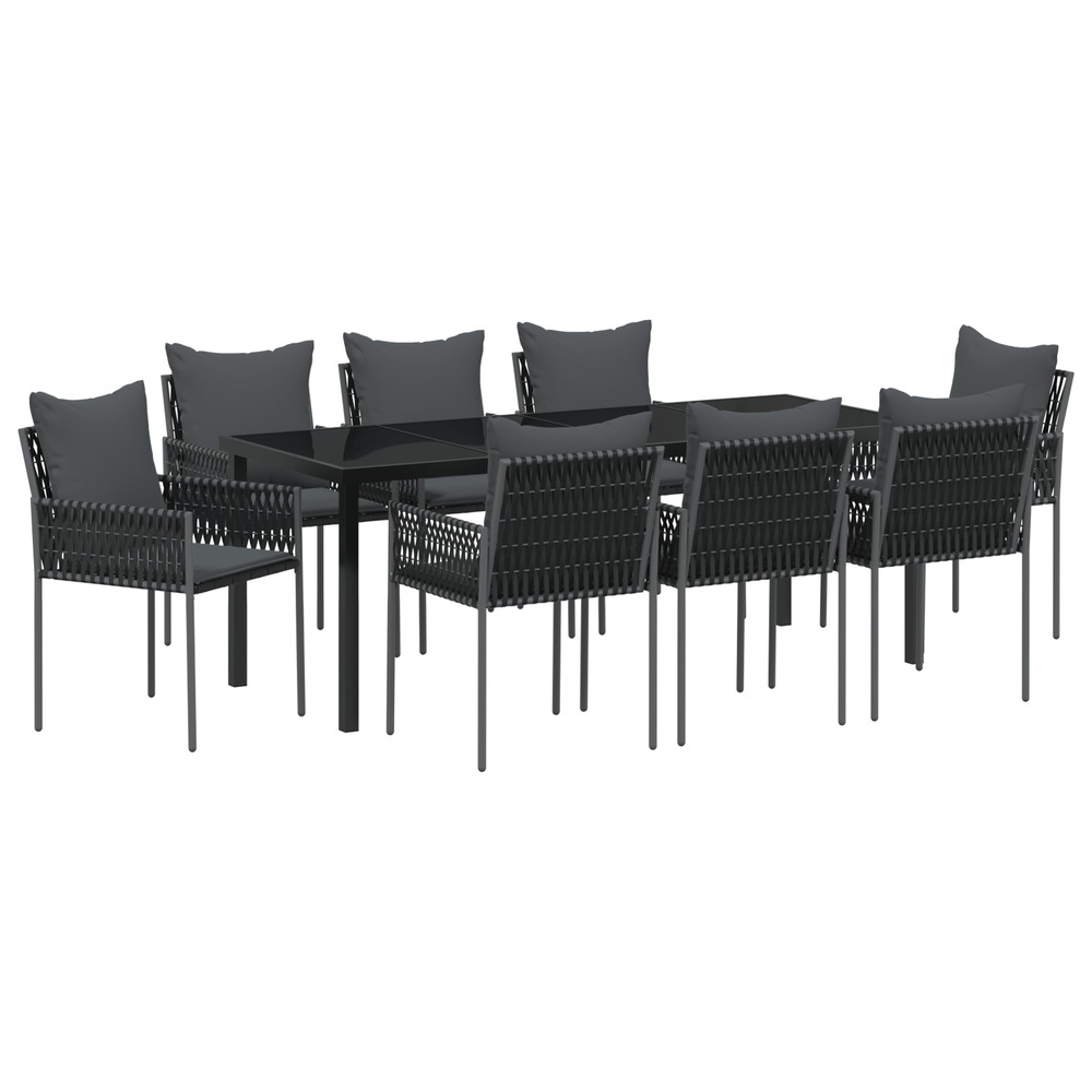 Set de salle à manger de jardin 9 pièces avec coussins en poly rattan noir