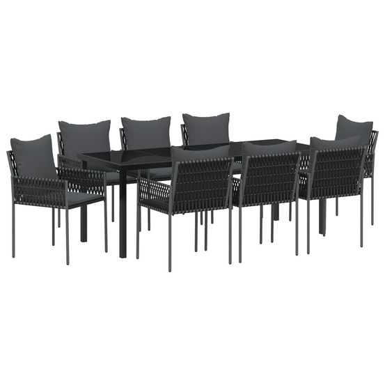 Set de salle à manger de jardin 9 pièces avec coussins en poly rattan noir