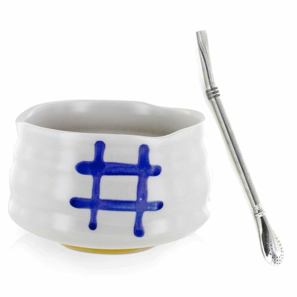 Bol de cérémonie japonais chawan blanc + paille inox avec filtre