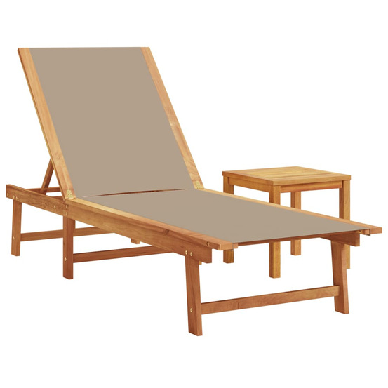 Chaise longue et table taupe bois d'acacia solide et textilène bain de soleil