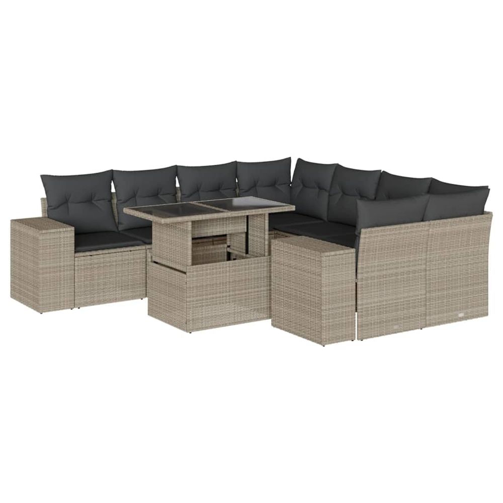 Salon de jardin 9 pcs avec coussins gris clair résine tressée