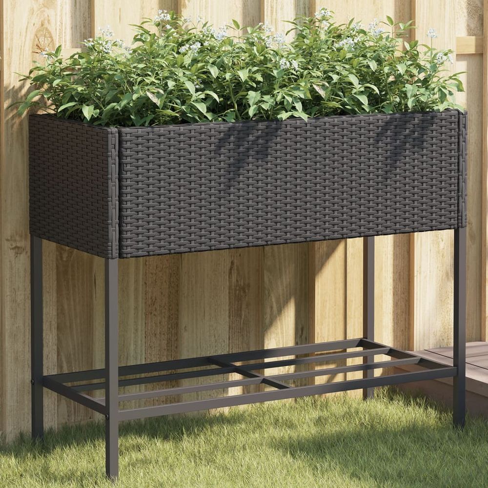 Jardinière surélevée résine tressée jardin avec étagère 90x40x75 cm noir