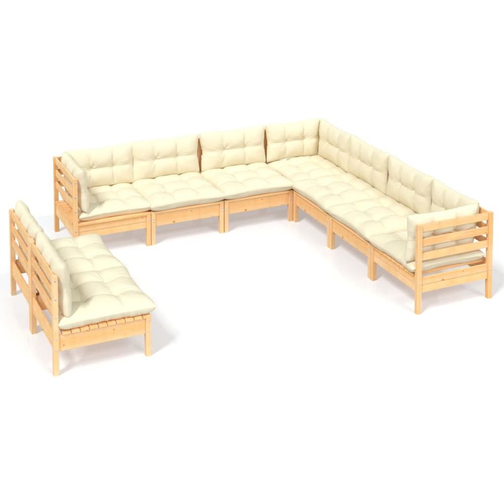 Salon de jardin 9 pcs avec coussins crème bois de pin massif