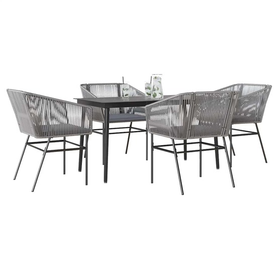 Ensemble à manger jardin coussins 5 pcs gris poly rotin verre