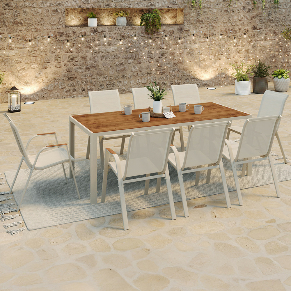 Salon de jardin noumea table 190 cm plateau verre trempé effet bois et 8 chaises empilables beige et bois