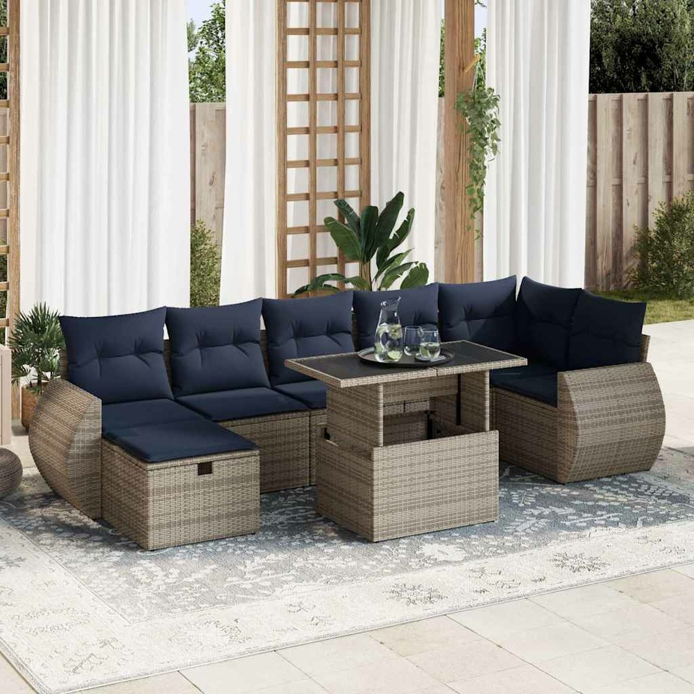 Salon de jardin 8pcs avec coussins gris résine tressée acacia