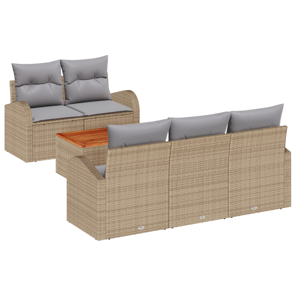 Ensemble de 6 canapés de jardin avec coussins beige poly rattan acacia