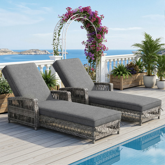 Lot de 2 chaises longues en rotin, résistantes aux intempéries, avec dossier réglable, pour terrasse et balcon, grises.