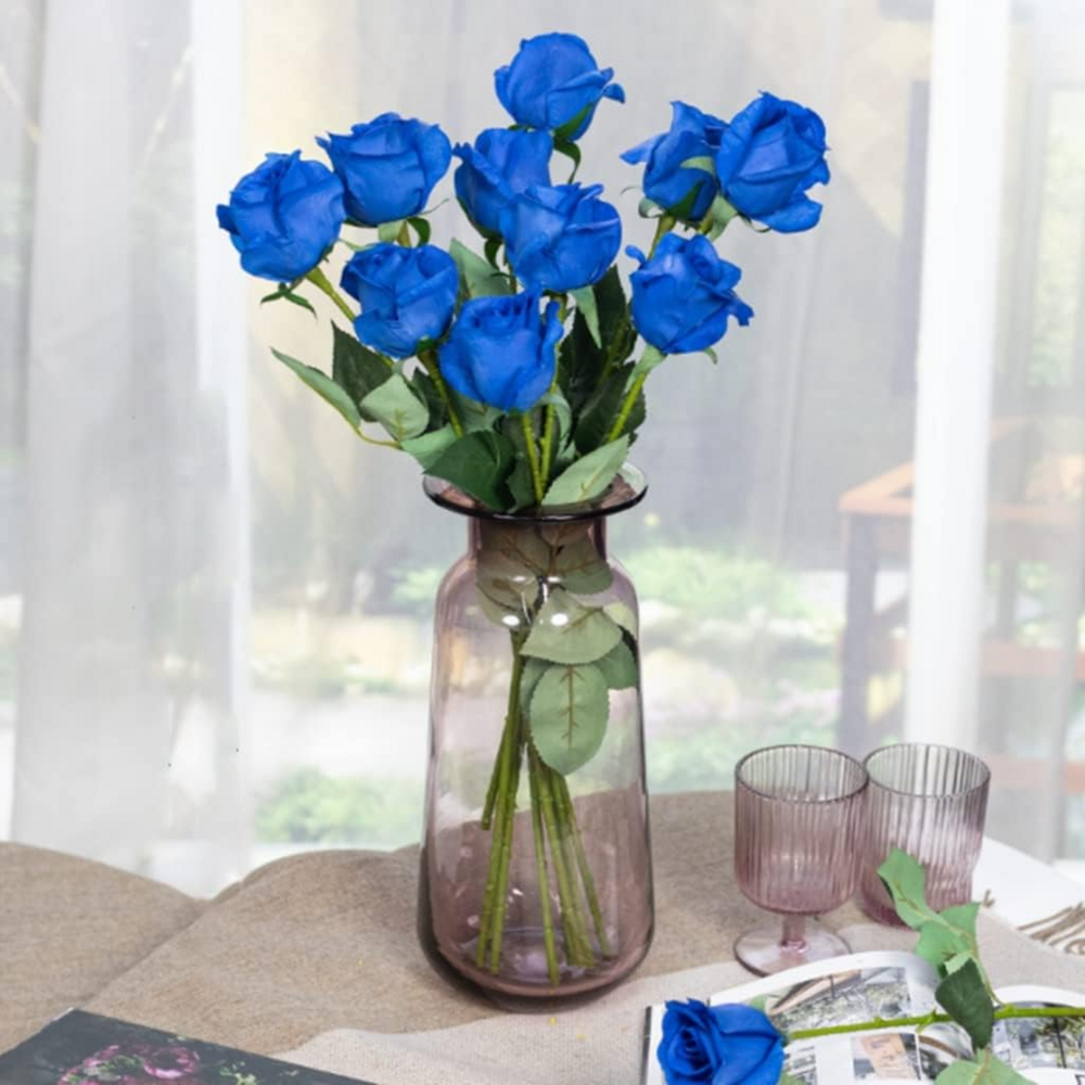 Fleurs artificielles de faux roses pour décoration et cadeau rose bleue 2 pièces