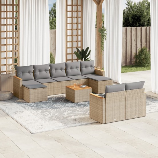 Salon de jardin et coussins 10 pcs mélange beige résine tressée