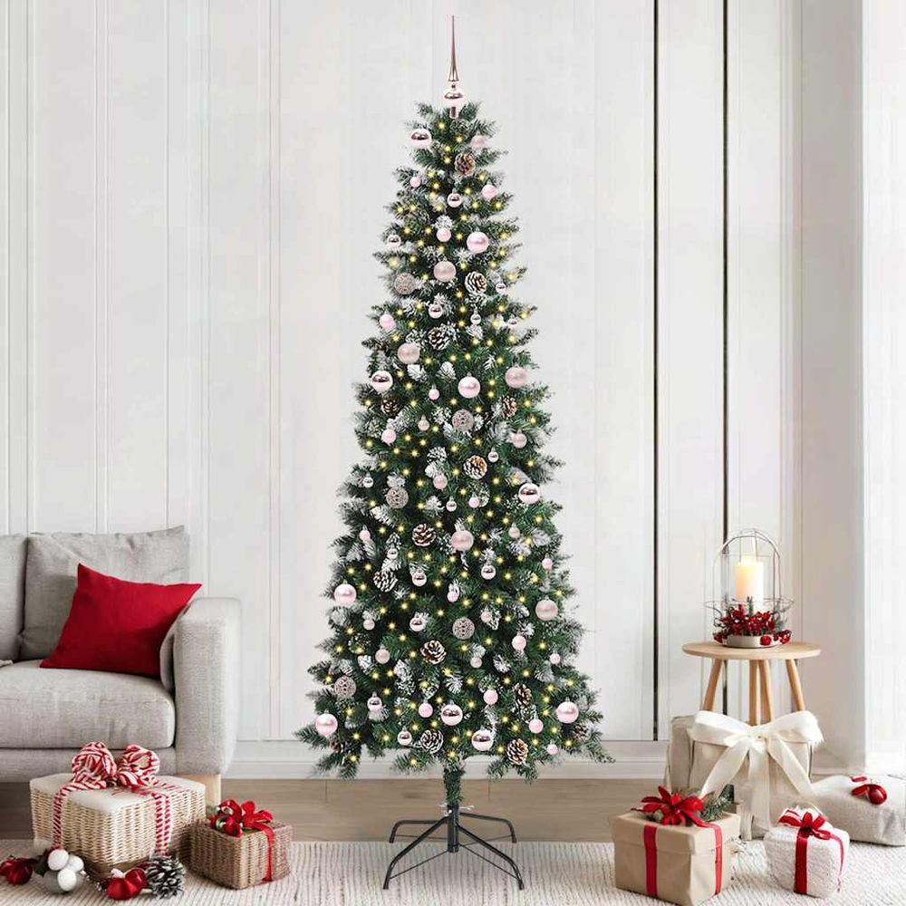 Sapin de noël artificiel 240cm majestueux effet neige, 300 led et déco complète