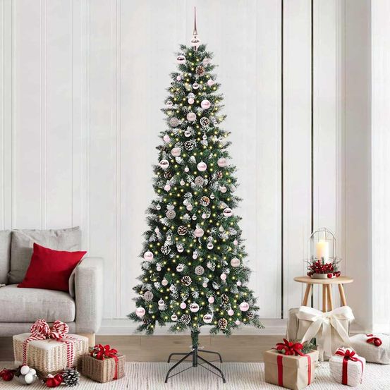 Sapin de noël artificiel 240cm majestueux effet neige, 300 led et déco complète