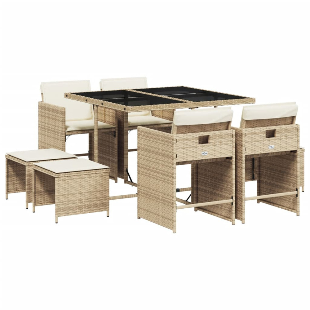 Ensemble à manger de jardin et coussins 9 pcs beige poly rotin
