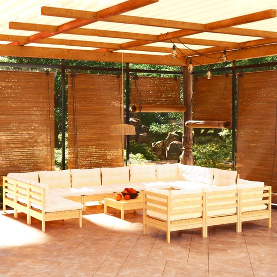 Salon de jardin 14 pcs avec coussins crème bois de pin