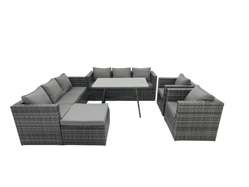 8 places ensemble de canapé en rotin extérieur avec table à manger 2 fauteuil grand tabourets gris foncé mixte