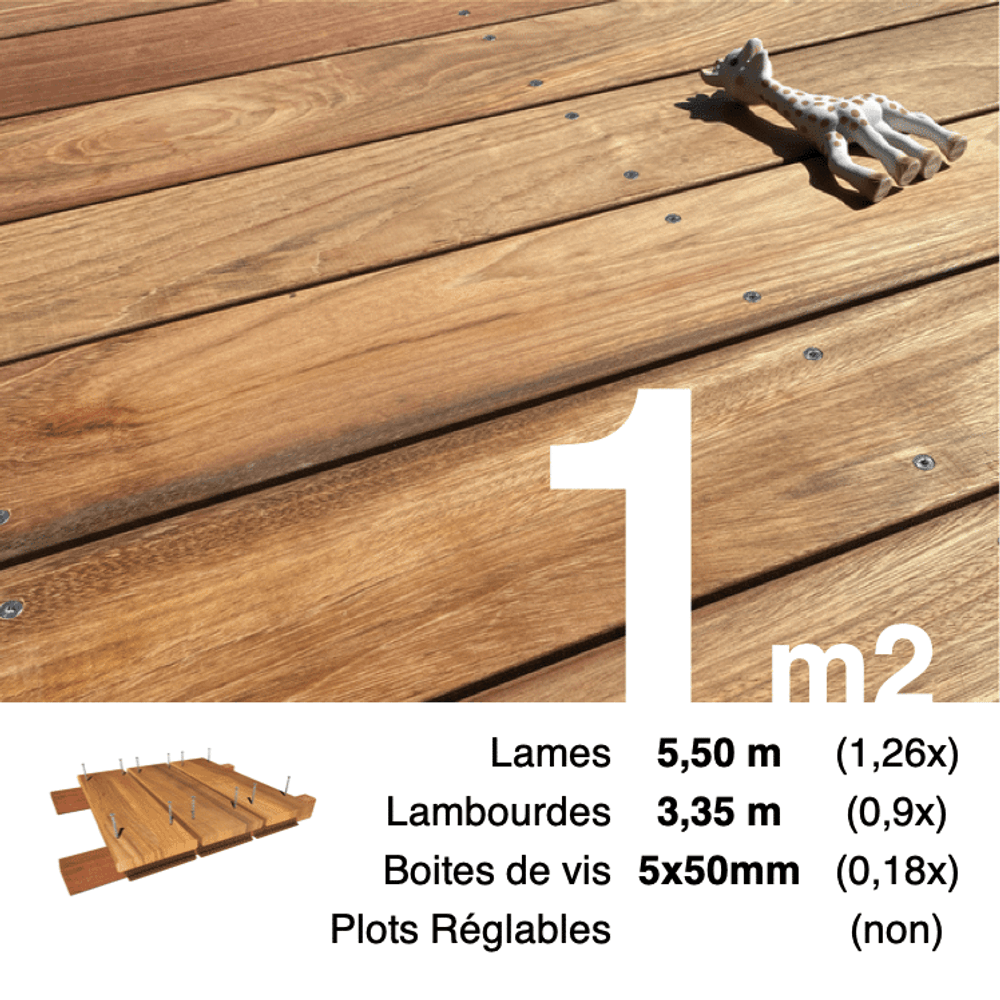 Kit terrasse bois exotique jatoba pour 1 m², lames 5,5 m, lambourdes 3,35 m et visserie inox.