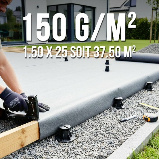 Geotextile bache indéchirable spéciale terasse sur plots 150grs 1.5mx25m soit 37.50m2 mgs