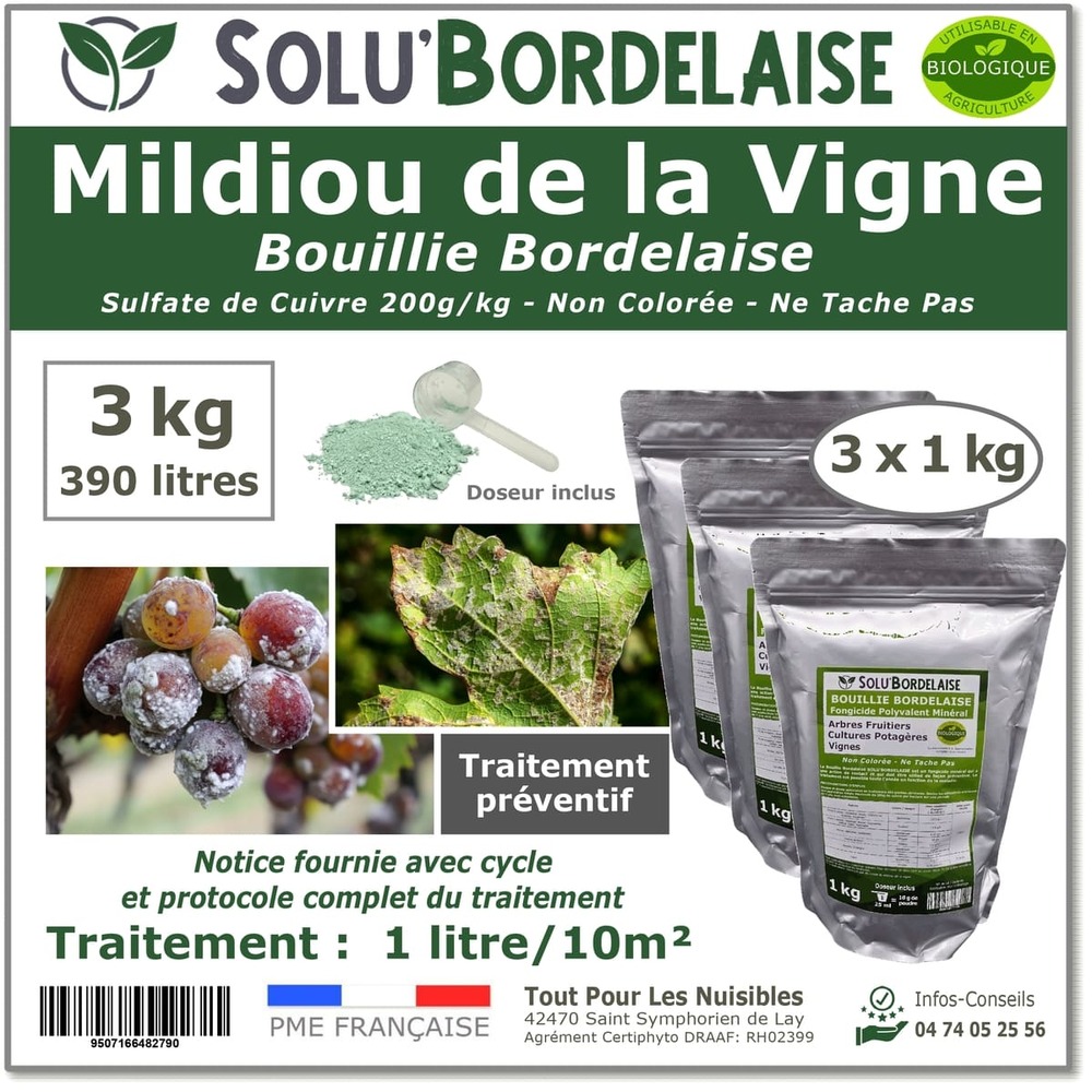 Solu'bordelaise - 3 kg de bouillie bordelaise - mildiou de la vigne - utilisable agriculture biologique - 3 sachets de 1 kg