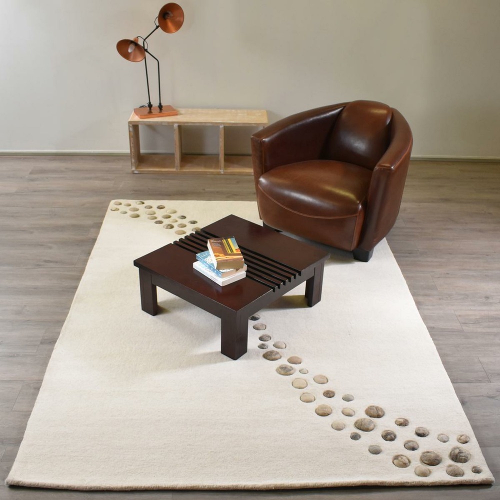 Tapis salle à manger 240x340 fait à la main en laine beige et gris motif simple