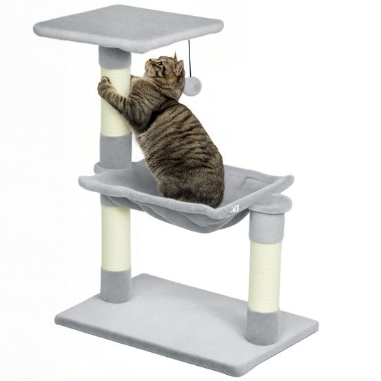 Arbre à chat multi-niveaux en peluche douce avec hamac et 3 griffoirs sisal 70 cm gris clair