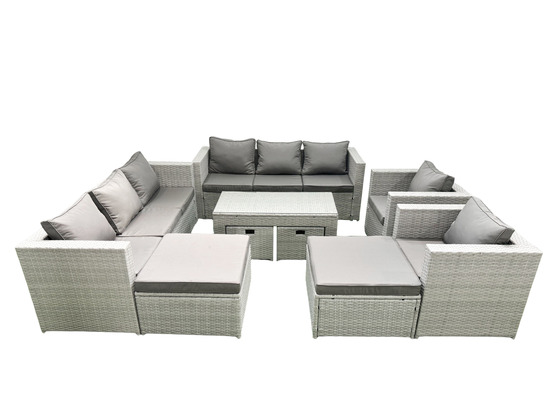 Salon de jardin ensemble avec coussins gris 12 places avec 2 chaises et table basse