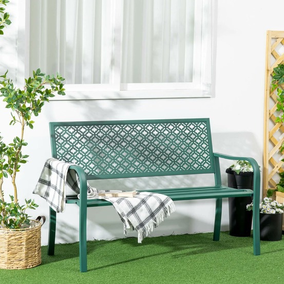 Banc de jardin banc extérieur jardin en acier avec dossier à motif floral pour 2 personnes 127 x 63 x 83 cm vert foncé