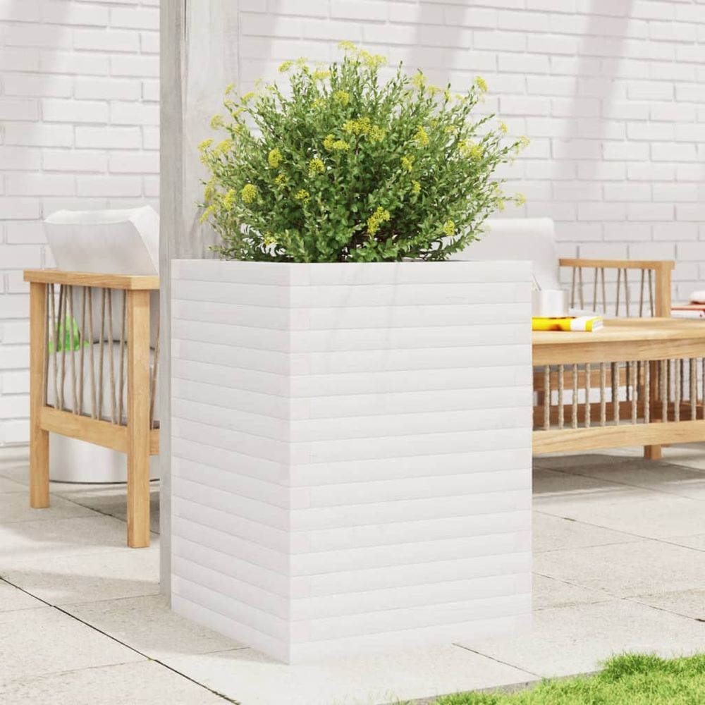 Jardinière haute cubique 50cm en bois de pin massif pour balcon blanc