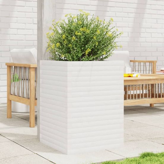 Jardinière haute cubique 50cm en bois de pin massif pour balcon blanc
