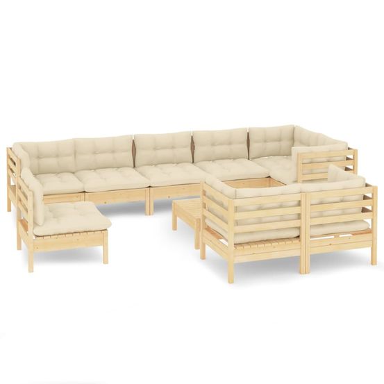 Salon de jardin 10 pcs avec coussins crème bois de pin massif