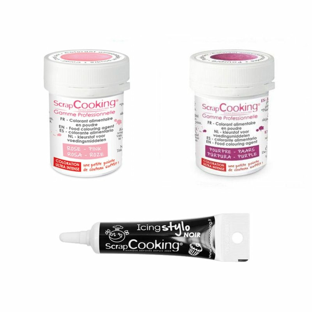 2 colorants alimentaires pourpre-rose poudré + stylo glaçage noir
