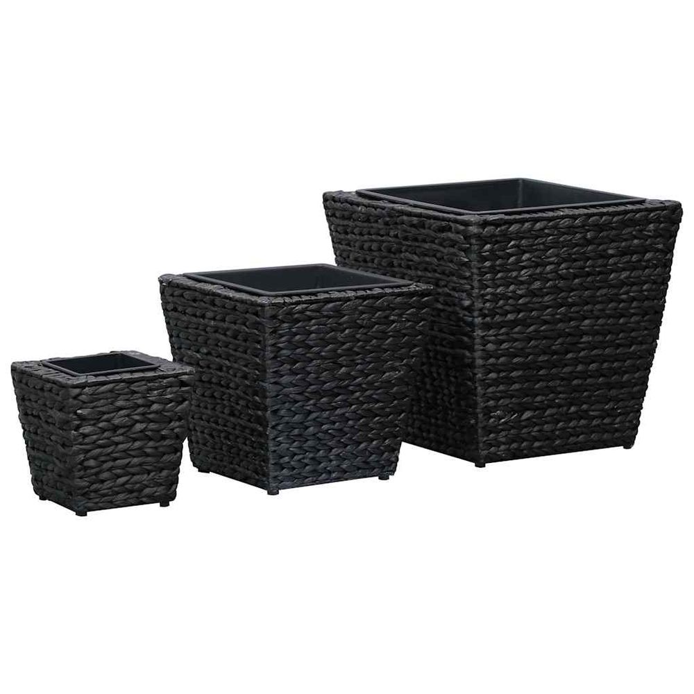Lot de 3 jardinières cubiques en fibre végétale tressée noire avec pots amovibles pour décoration intérieure