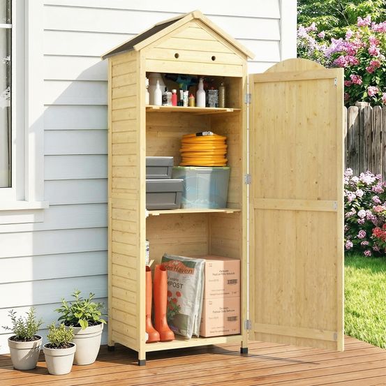 Armoire de jardin bois massif rangement extérieur toit métal 85x58x213cm naturel - comfortxl outdoor living