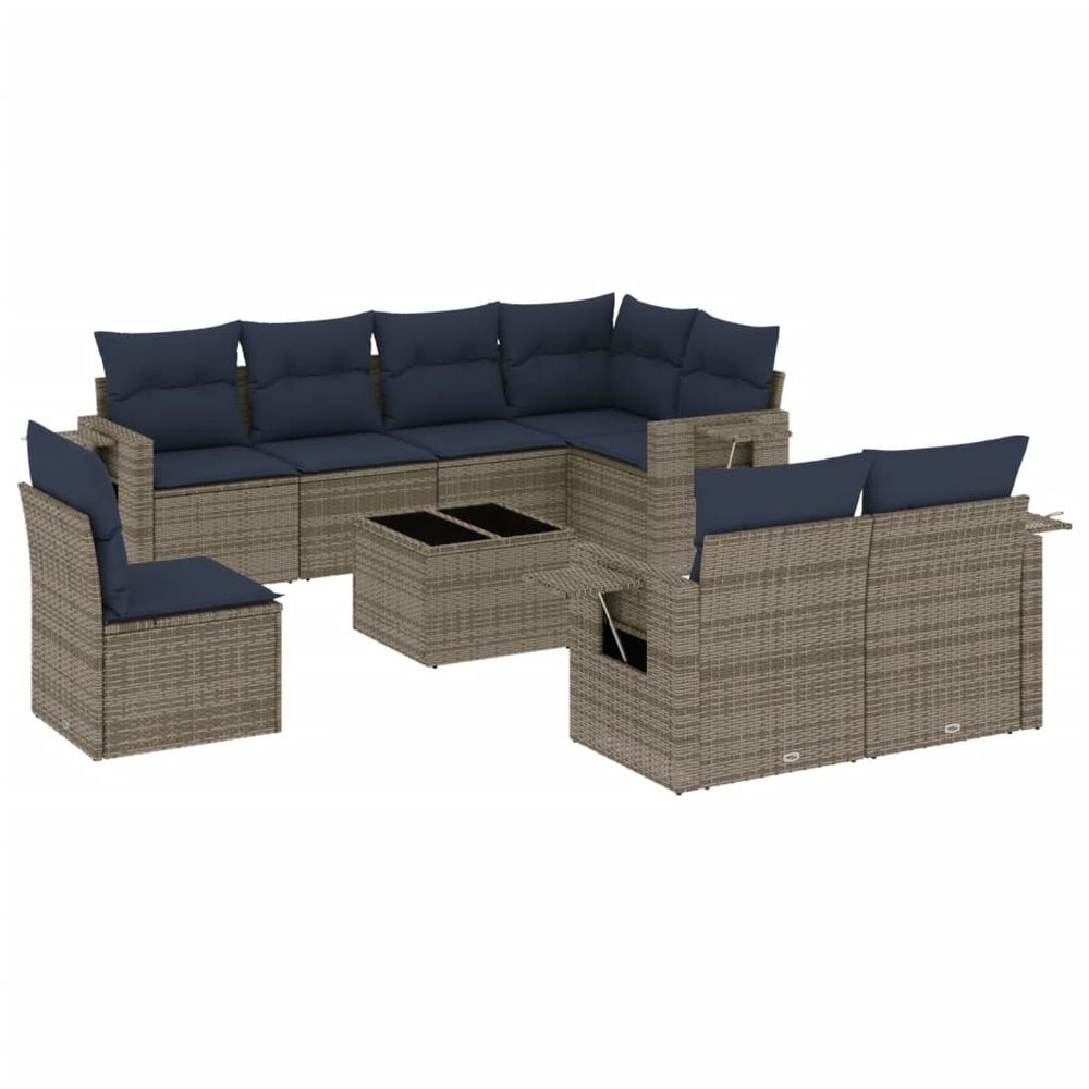Ensemble de canapé de jardin 9 pcs avec coussins gris résine tressée