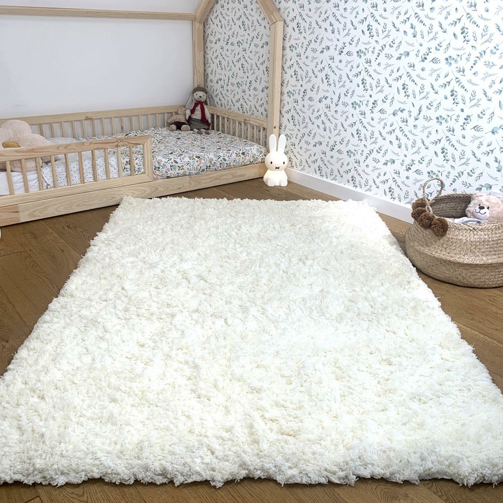 Tapis longs poils shaggy 120x170 rectangle fait à la main crème motif uni