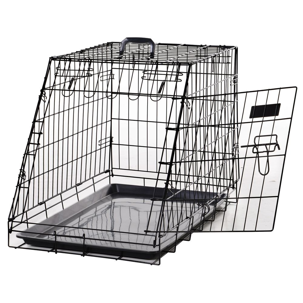 Cage transport pour chien métal forme trapèze voiture pliable double loquet 77cm noir