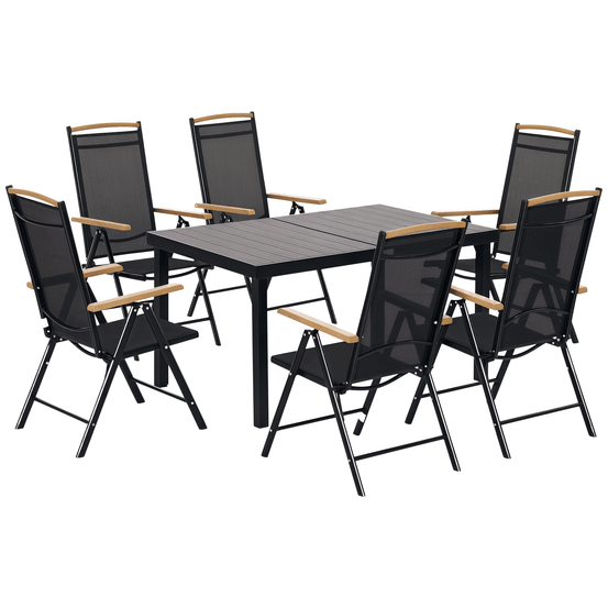 Salon de jardin pliable 6 places : table + 6 chaises, aluminium maille, noir