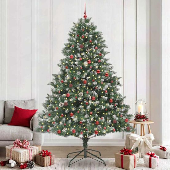Sapin de noël artificiel vert 240 cm très touffu 2180 branches, kit décoré 120 boules et 300 led