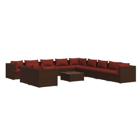 Salon de jardin 12 pcs avec coussins marron résine tressée