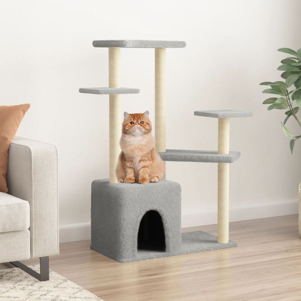Arbre à chat design en sisal avec niche et plateformes de repos gris clair 107,5 cm