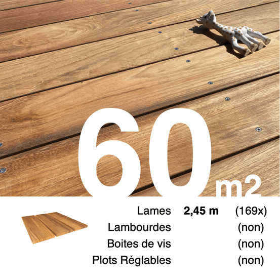 Planches de terrasse bois exotique jatoba pour 60 m², longueur 2,45 m.