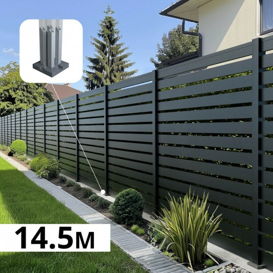 Kit clôture ajourée aluminium olinda anthracite 14,68x1,8m poteaux sur platines - dimension des lames : 21x100x1780 mm